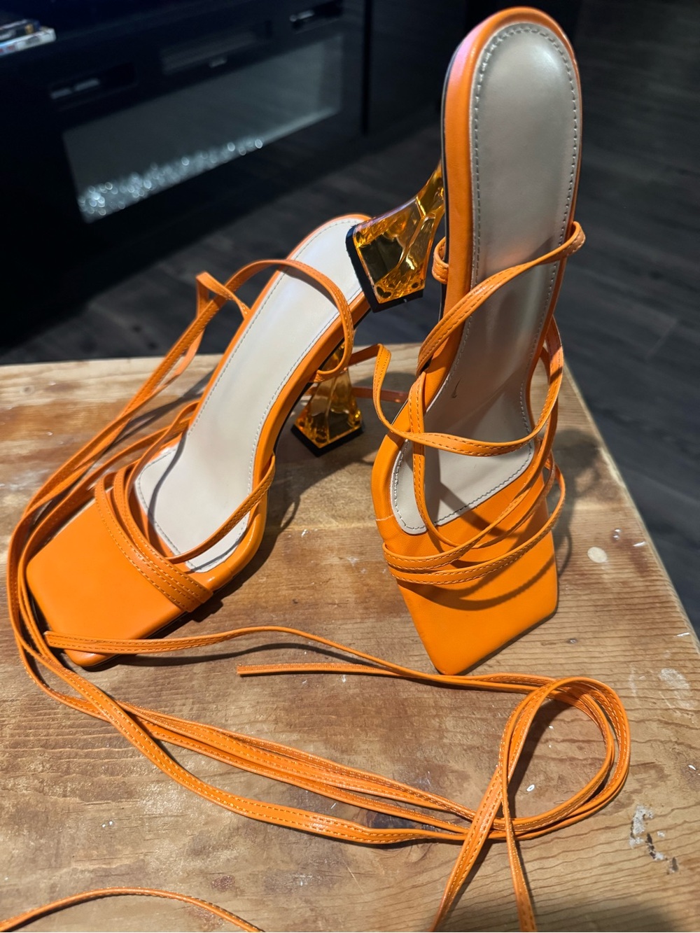 Strappy Orange Lace-Up Women's Heeled Sandals - Picture 3 of 4